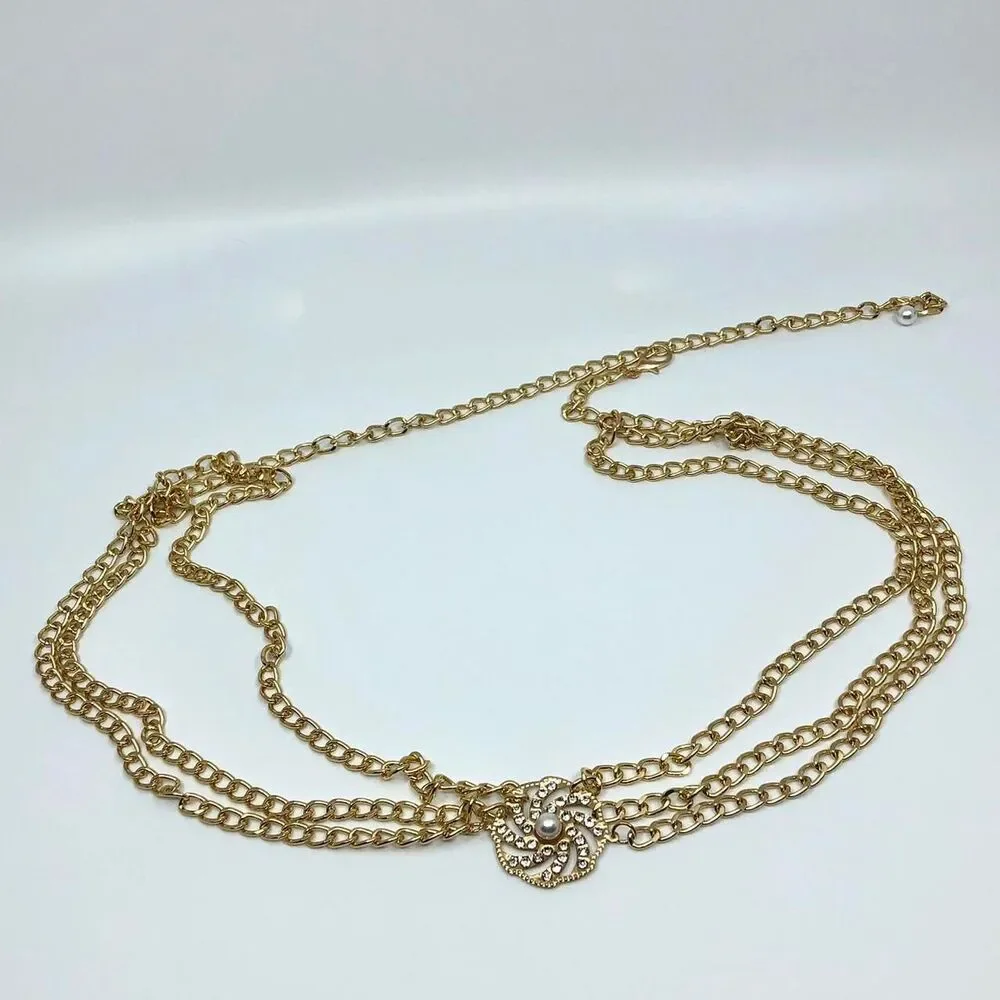 Coquette Gold Rhinestone Pearl Draped Chain Belt, Fits 28–41 Inches, X7GA1186